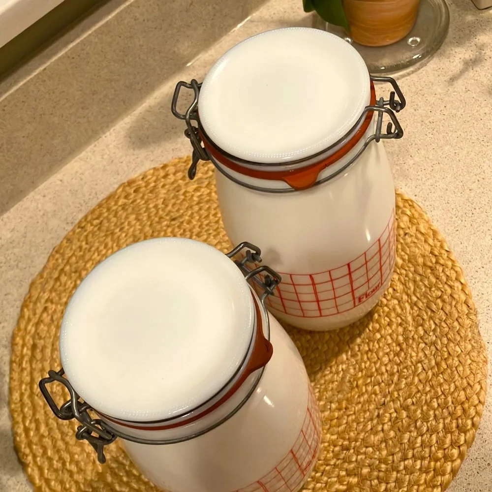 Vintage Wheaton 1.5L Milk Glass Flour & Sugar Jars/Canisters - Red & White